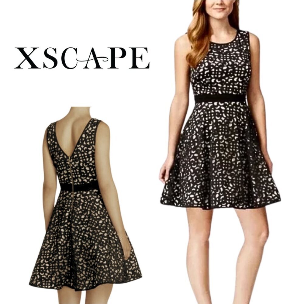 XSCAPE, Laser Cut Fit & Flare Sleeveless Dress, Black, Nude‎
